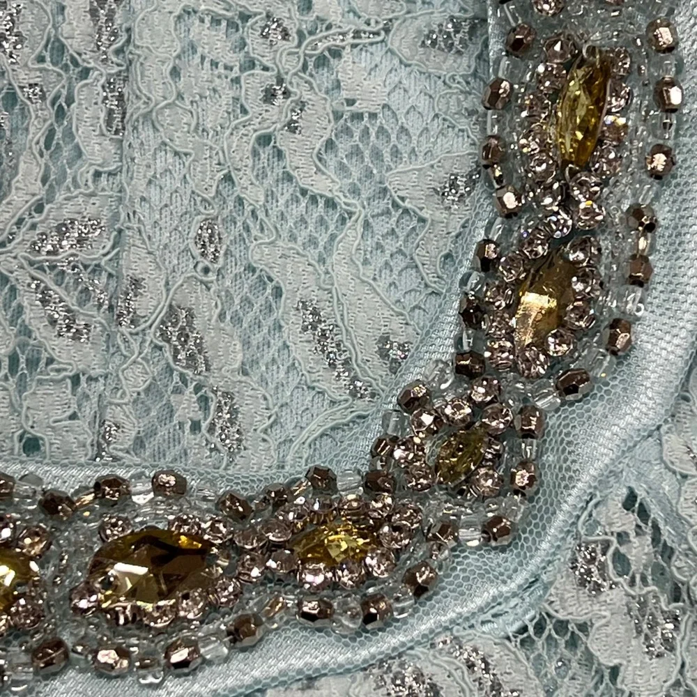 Sequin Hearts Light Blue Lace Beaded Halter Mermaid Formal Prom‎ Dress Size 7